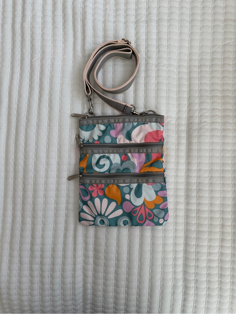 LeSportsac Kasey Crossbody Multi-Zip Floral Print Bag - Pink/Gray